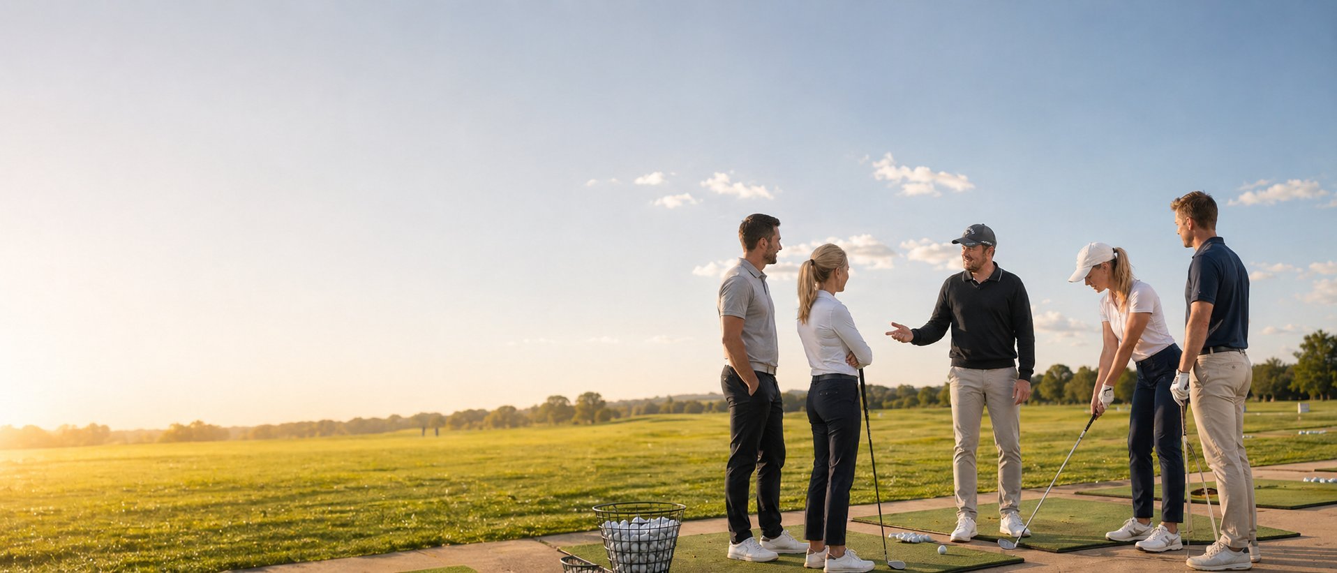 Group of six business professionals standing together in an open field during golden hour sunset