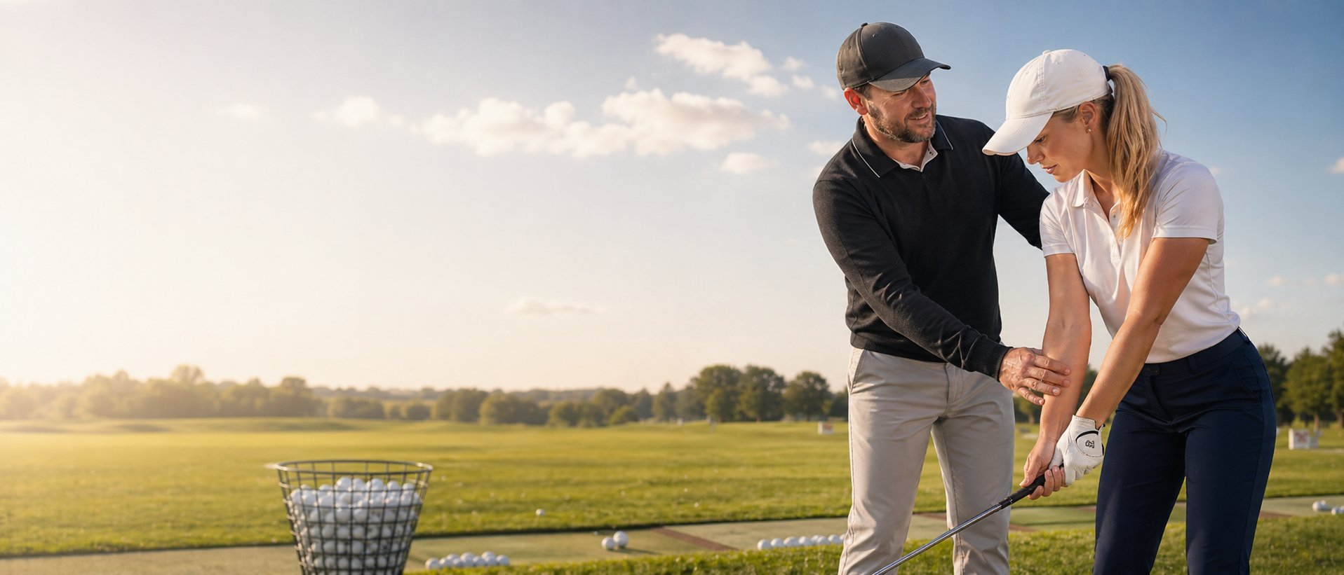 Two golfers instructing and swinging on a golf course with green fairway and bucket of balls in foreground