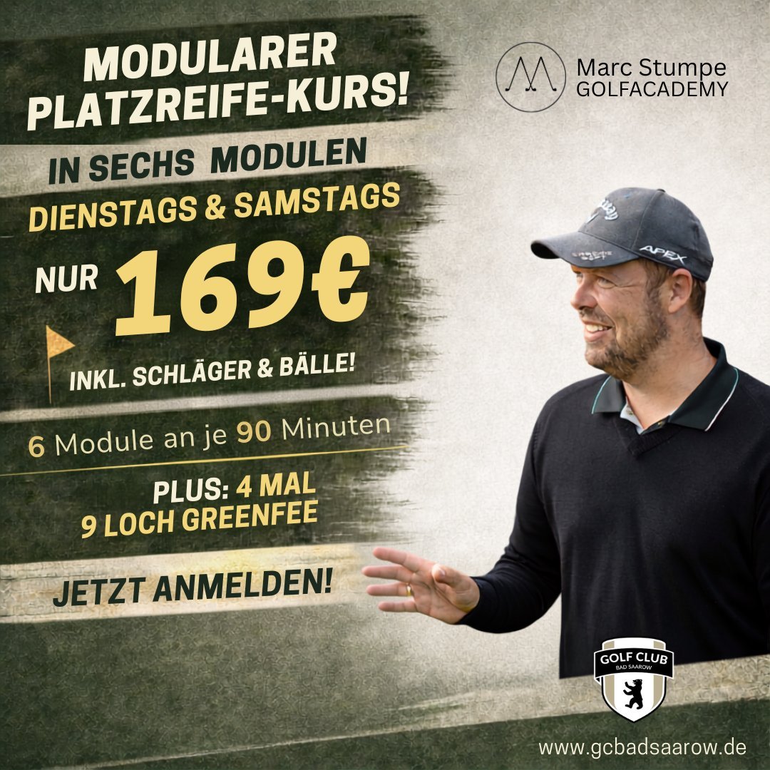Golf instructor Marc Stumpe promoting modular golf course lessons in German for 169 euros with course details and club logo