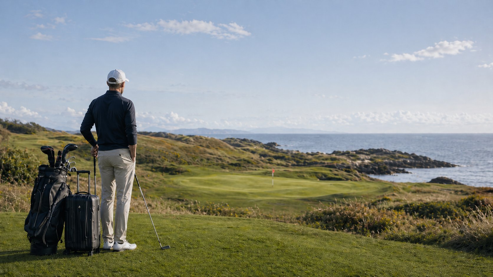 Golfer standing on coastal course with clubs, overlooking green fairway and ocean horizon