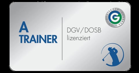 A Trainer certification badge with DGV/DOSB lizenzieri accreditation and golf instructor symbol