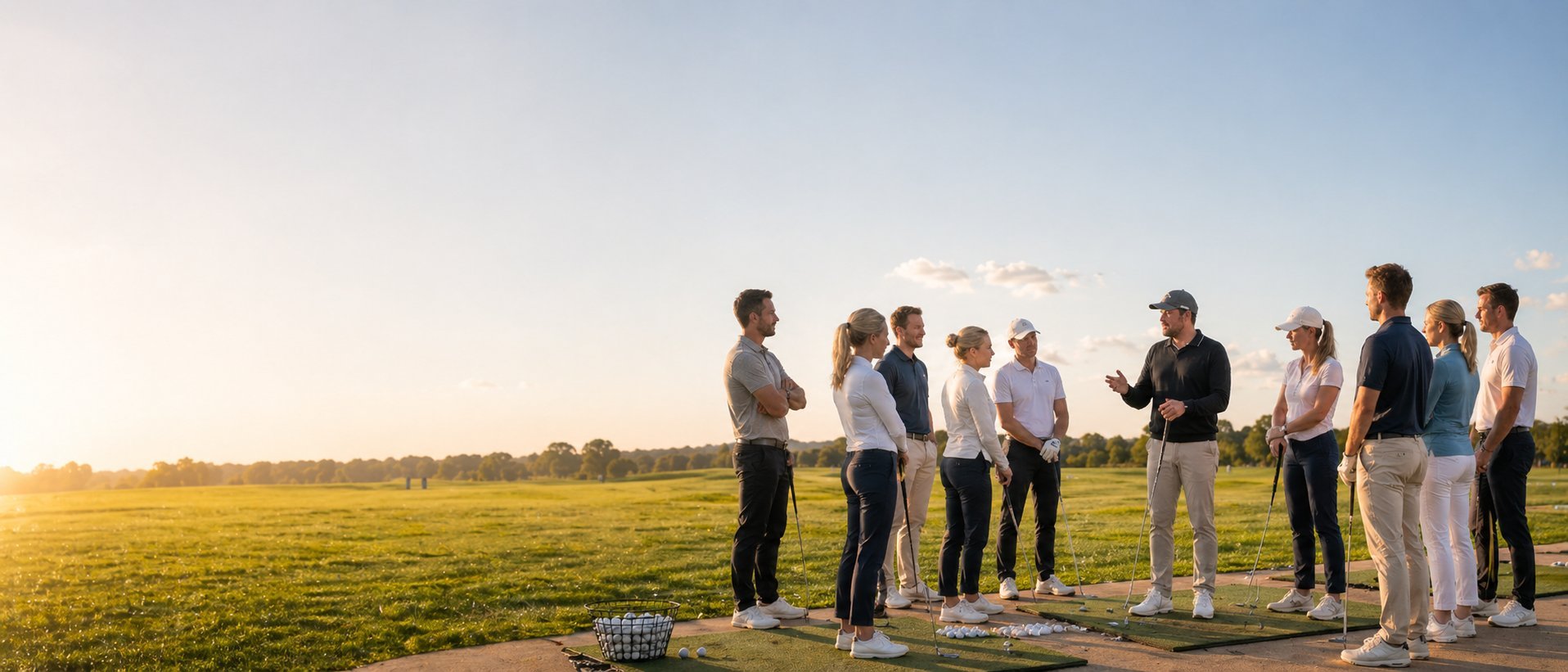 Group of business professionals standing together in an open field during sunset