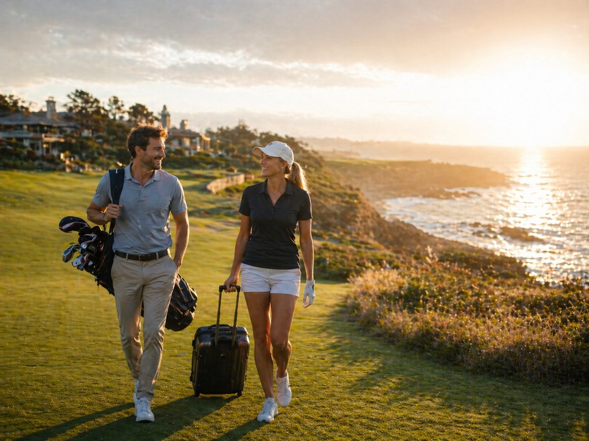 Man and woman walking across seaside golf course at sunset with golf clubs and luggage